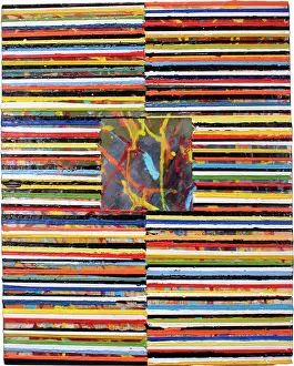 Prints of Various colored lines move across the surface of the encaustic and collage painting encompassing a square which is centered” in the middle of the composition Abstract Art Prints: Encaustic and Collage Print