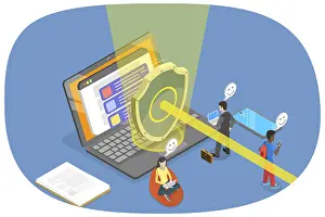 Data Protection Prints: 3D Isometric Flat Illustration of Network Security