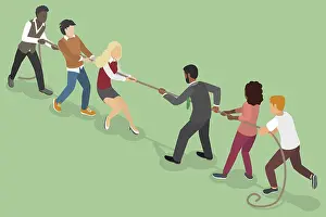 Business Teamwork Prints: 3D Isometric Flat Illustration of Workers Competitors Pull Rope