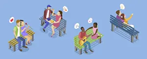 Seating Accommodation Design Prints: 3D Isometric Flat Set of Romantic Couples
