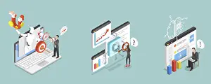 Online Advertising Strategy Prints: 3D Isometric Flat Vector Illustration of Advertising Efficiency AI-Technology