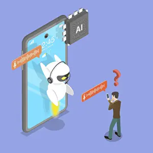Digital Communication Technology Prints: 3D Isometric Flat Vector Illustration of Chatbot Assistant