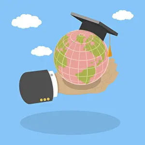 Educational Institution Design Prints: 3D Isometric Flat Vector Illustration of Study Abroad