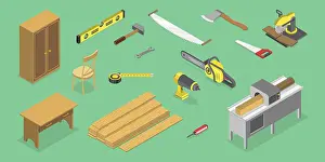 Pictogram Symbol Prints: 3D Isometric Flat Vector Set of Carpentry Items