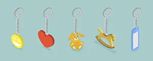Romantic Gift Ideas Prints: 3D Isometric Flat Vector Set of Keychains