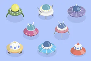 Starry Sky Backgrounds Prints: 3D Isometric Flat Vector Set of Spaceships