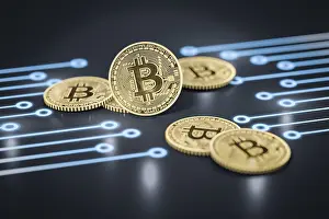 Cryptocurrency Symbol Prints: 3d rendering of a some bitcoin coins on a dark electronic background