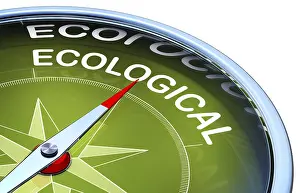 Biological Cultivation Symbol Prints: 3D rendering of a compass with a ecological icon