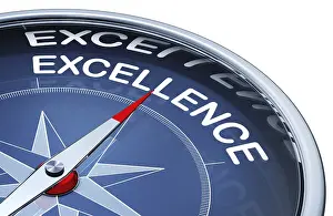 White Background Design Prints: 3d rendering of a compass with a excellence icon