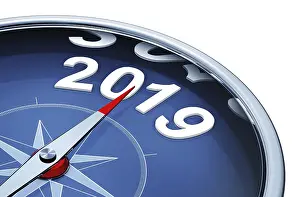 New Year's Eve Symbolism Prints: 3D rendering of an compass with the year 2019