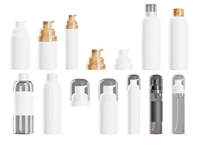 Prints of 3d rendering set of bottles for lotion, cream or serum cosmetic. Mockup empty containers of self care products. High quality 3d illustration Serum Prints: High-Quality 3D Print of Cosmetic Bottles Mockup