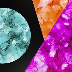 Prints of Abstract artwork featuring vibrant teal, orange, and magenta fluid shapes arranged geometrically on a dark background, creating a striking and dynamic visual contrast on paper Abstract Art Prints: Vibrant Teal Geometric Print on Dark Background