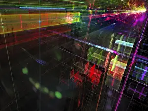 Prints of Abstract colorful technology background - computer-generated 3d illustration. Contemporary digital art: bright glass walls with burst. Future city concept Digital Artwork Prints: Abstract Colorful Technology Print - 3D Digital Art
