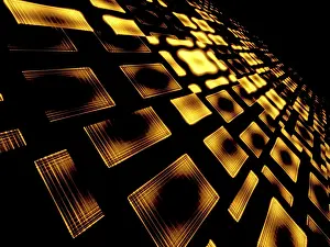 Digital Art Prints: Abstract Technology Print - Glowing Golden Grid