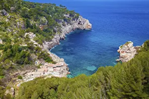 Balearic Islands Coastal Scenery Prints: Aerial view of the beach Cala de Deia