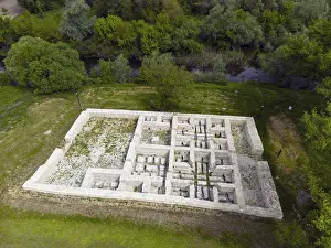 Prints of Aerial view of historic stone foundations in the countryside with surrounding trees, aerial view, Tatar bathhouse, Feredeu bath, Old Orhei, Orheiul Vechi, archaeological site Moldova Prints: Aerial View Print of Historic Stone Foundations in Moldova