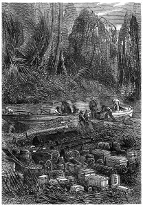 Prints of All these objects were placed on the bank, vintage engraved illustration. Jules Verne 3 Russian and 3 English, 1872 Jules Verne Prints: Vintage Print of Objects on Bank, 1872 Engraving