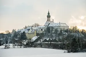 Winter Evening Atmosphere Prints: Andechs Monastery in winter, sunset