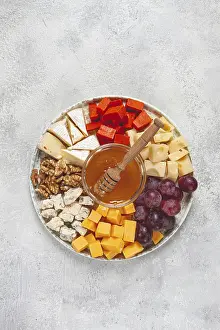 Healthy Dairy Product Options Prints: Appetizer, assorted cheese, with nuts and honey