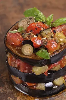 Fried Eggplant Appetizer Prints: Appetizer fold a pile fried eggplant with tomatoes