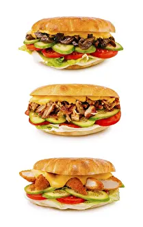 High Calorie Meals Prints: Three appetizing sandwiches are displayed