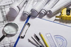 Architectural Details Prints: Architect items on blueprints