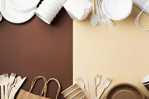Environmental Protection Products Prints: Arrangement different disposable eco friendly tableware