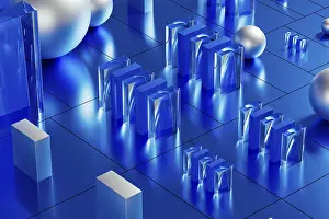 Modern Architectural Style Prints: An array of geometric forms cast in blue illuminates a stunning 3D technological environment