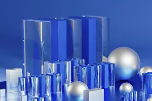 Minimalist Architectural Style Prints: An array of geometric forms cast in blue illuminates a stunning 3D technological environment