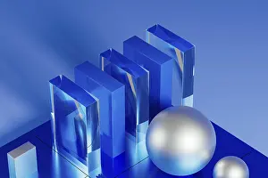 Blue Geometric Forms Prints: An array of geometric forms cast in blue illuminates a stunning 3D technological environment