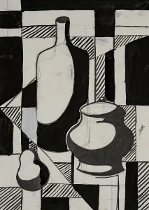Geometric Patterns Prints: This artwork showcases an abstract composition featuring a bottle