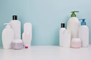 Cosmetic Product Assortment Prints: Assorted cosmetics bottles jars