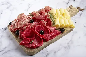 Wooden Board Breakfast Prints: Assorted meat, appetizer, prosciutto