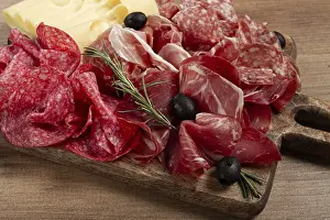 Wooden Board Appetizer Prints: Assorted meat, appetizer, prosciutto