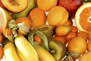 Orange Background Food Photography Prints: Assorted orange fruit on white background