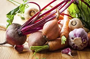 Orange Colored Vegetables Prints: Assorted types of root vegetables