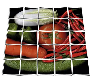 Food Still Life Composition Prints: Assorted vegetables on black background collage composition of multiple images over white