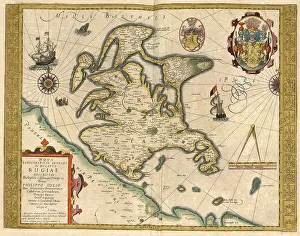 Black And White Cartography Prints: Atlas, map from 1623, Rugiae, Island of Ruegen