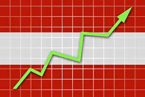 Empty Banner Design Prints: The Austrian flag and arrow graph going up