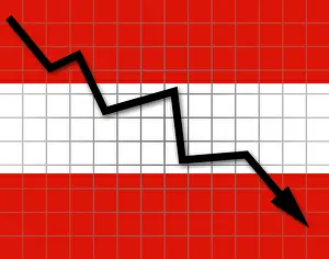 European Flags Prints: The Austrian flag and arrow graph going down