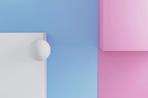 Minimalist Decorative Item Prints: Background of an abstract composition features a spherical shape and geometric elements in blue and pink tones