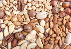 Studio Shot Of Nuts Prints: Background and texture made from different kinds of nuts