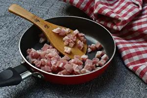 Pork Meat Nutrition Prints: Bacon, bacon cubes in pan