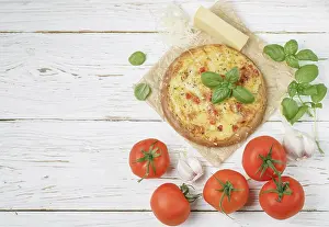 Baked Goods Prints: Baked flat bread with tomatoes