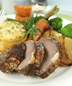 Legume Based Meals Prints: Baked lamb and potato stack with onions