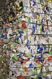 Deserted Recycling Yard Prints: Bales of recyclable plastic containers at a sorting centre
