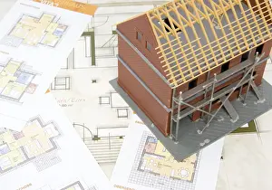 Architecture Blueprint Prints: Bare brickwork model with construction plan