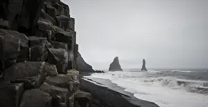 Rocky Coastline Images Prints: Basalt columns and cliffs, black sand beach