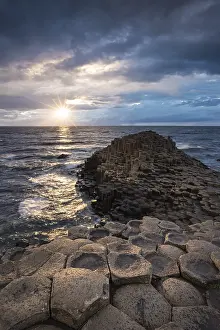 Irish Coastal Photography Prints: Basalt columns by the coast at sunset