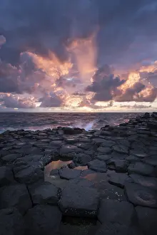 County Antrim Scenery Prints: Basalt columns by the coast at sunset